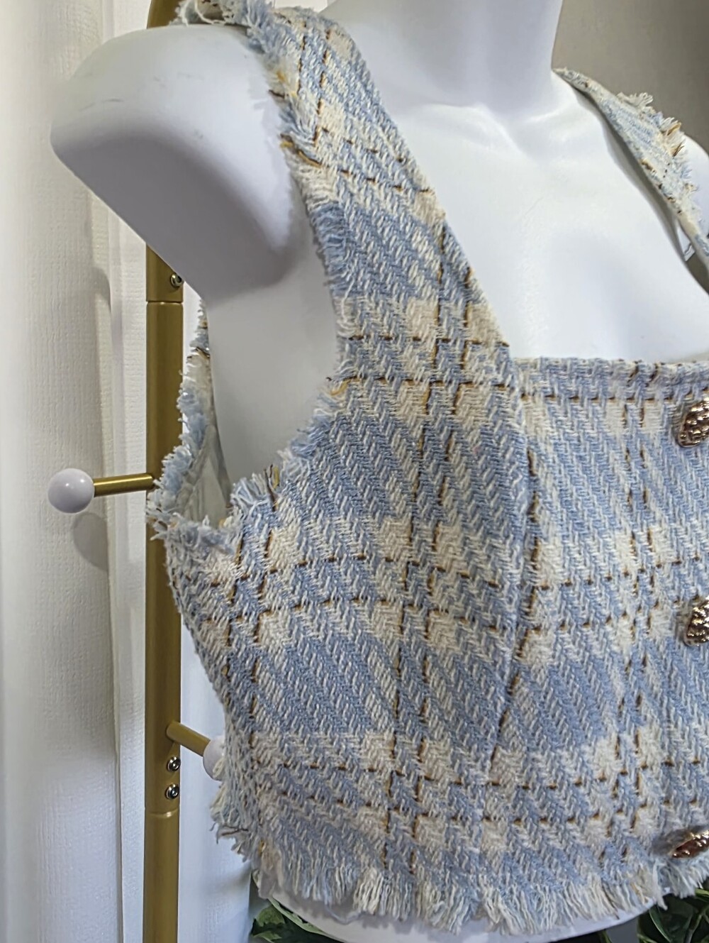 Endless Rose Medium Blue & Cream Tweed Cropped Top – Fringe Detail - Picture 3 of 6
